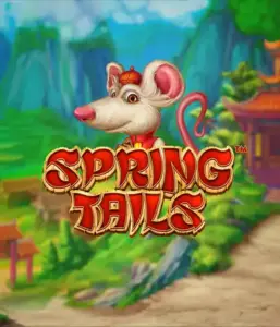 A whimsical illustration of a mouse dressed in traditional Chinese attire positioned in front of a scenic landscape with mountains. The image is for the Spring Tails game by Betsoft, showcased with prominent gold and red logo text.